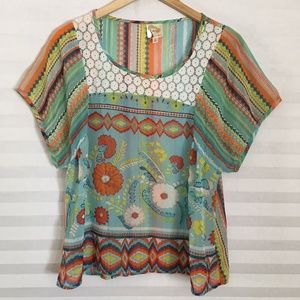 Fig & Flower Womens Blouse Top Sheer Floral Striped Size S Boho Peasant Lace